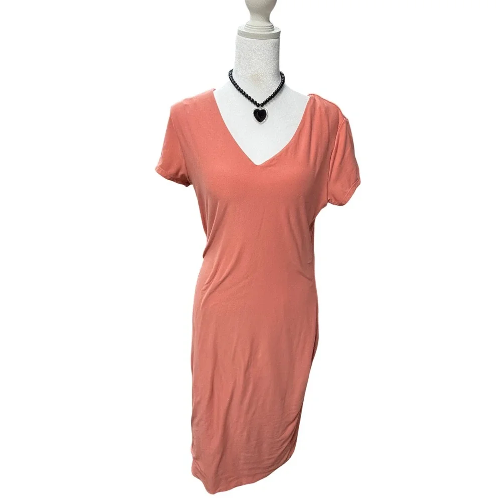 Coral Peach V-Neck T-Shirt Midi Dress Large Casual Comfy Stretch Spring - Picture 2 of 6